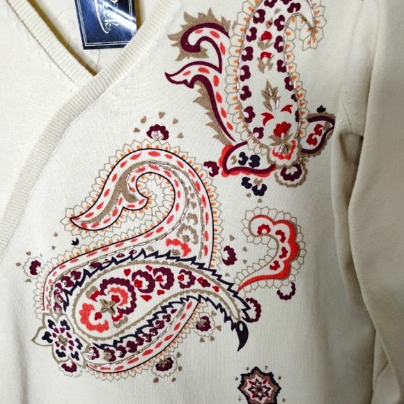 NWT Peck & Peck Beaded Paisley Silk-Blend Wrap Sweater | L | Ivory - Picture 4 of 9